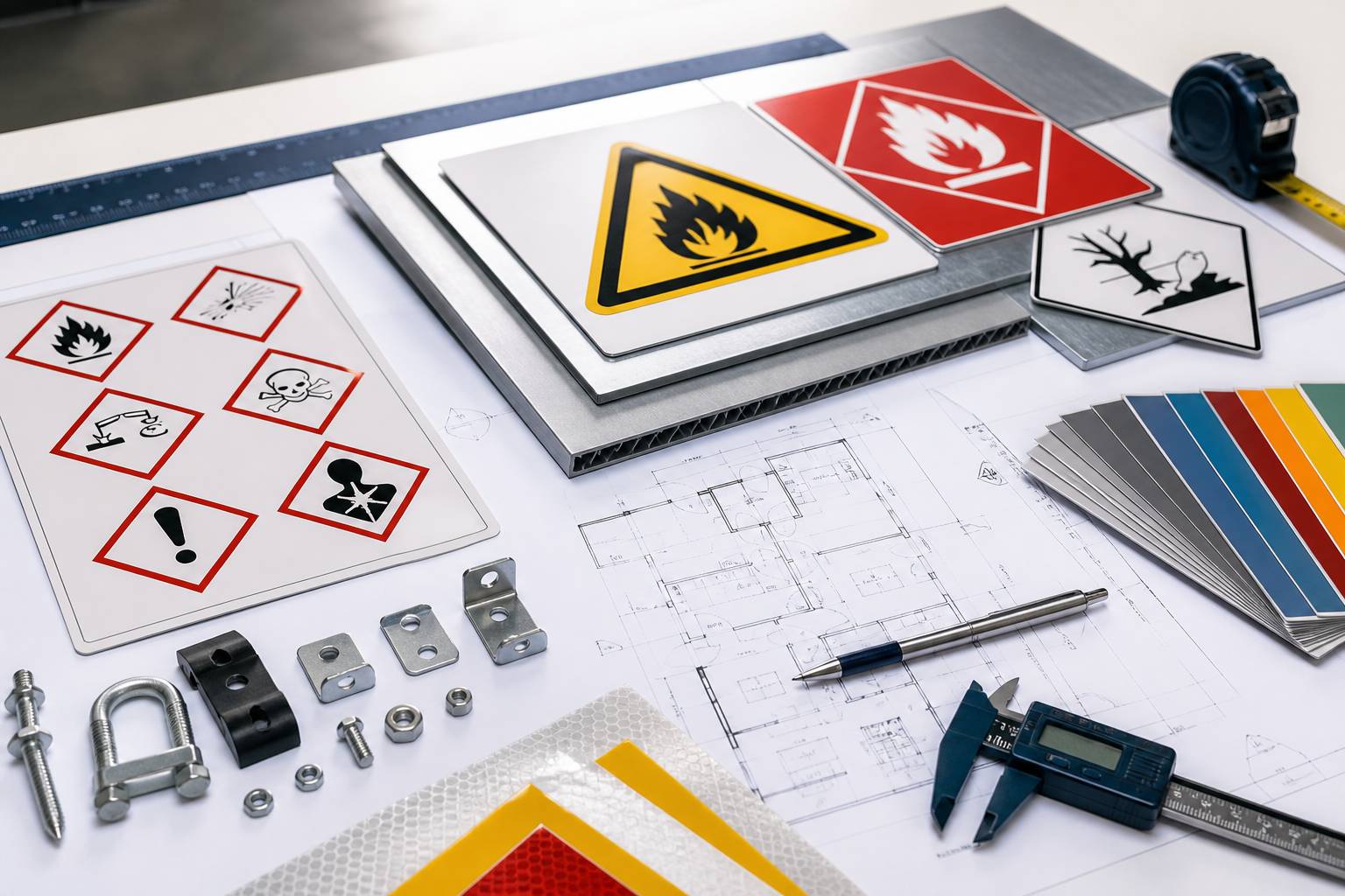 Hazchem signage material samples and placement review tools