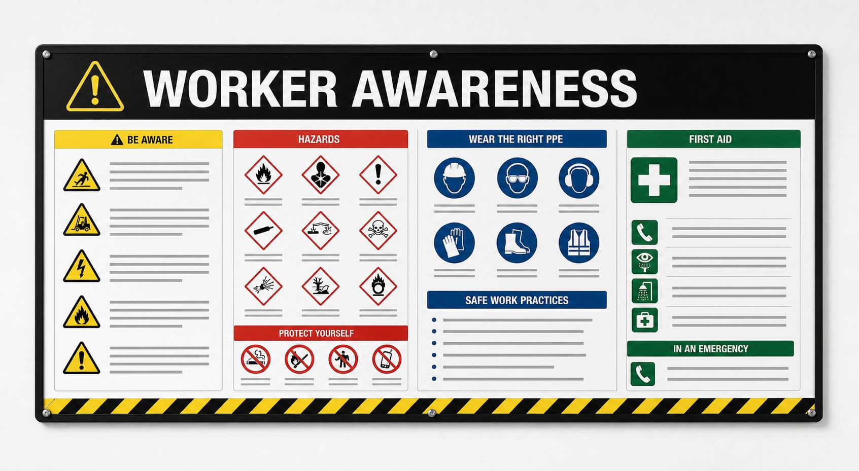 Worker safety awareness signage displayed in an industrial corridor